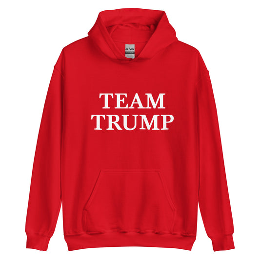 a red hoodie with the words team trump printed on it